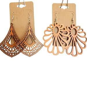 Wood Earrings Lot of 2 Laser Cut Lightweight Dangle Boho Statement Drop 3" Gift
